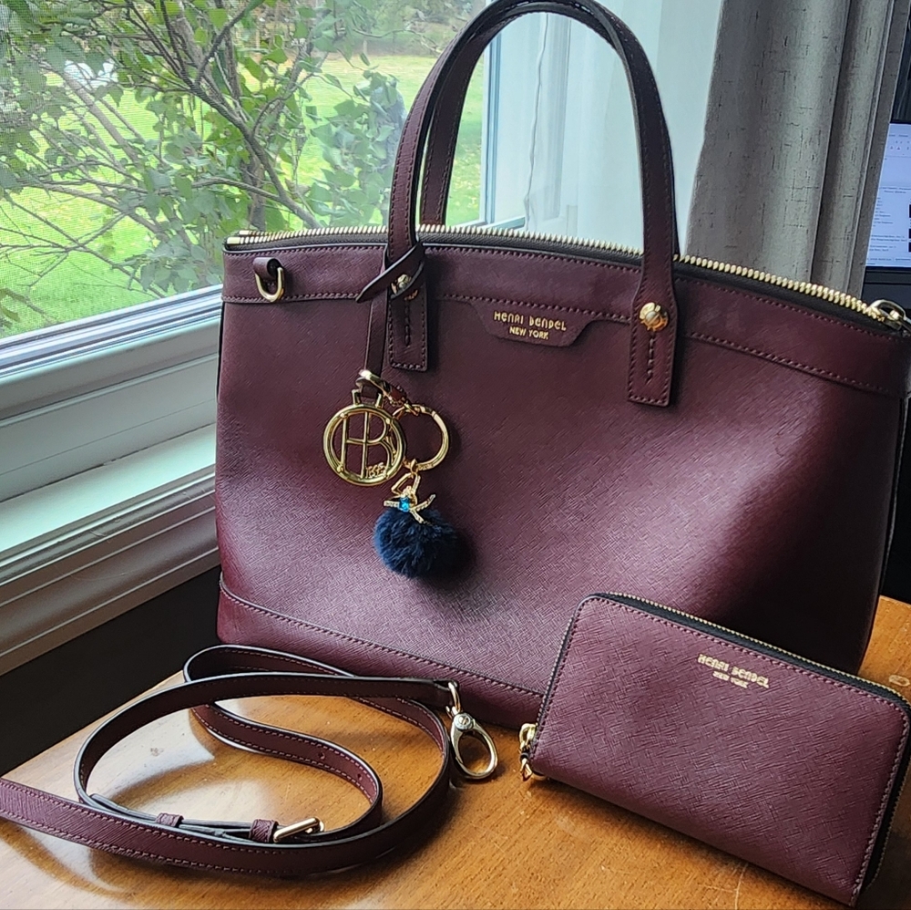 Henri Bendel Burgundy Tote Bag, Wallet & Bag Charm